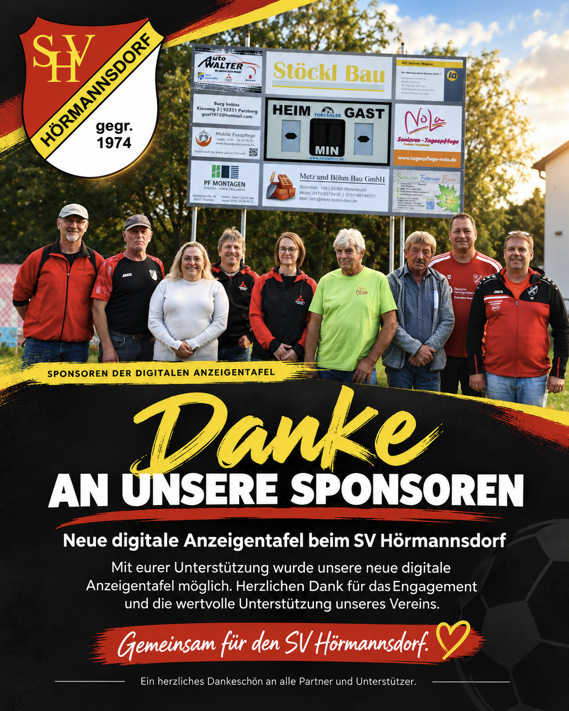 Digitale Anzeigentafel des SV Hörmannsdorf – Dankesgrafik mit Sponsoren und Gruppenfoto
