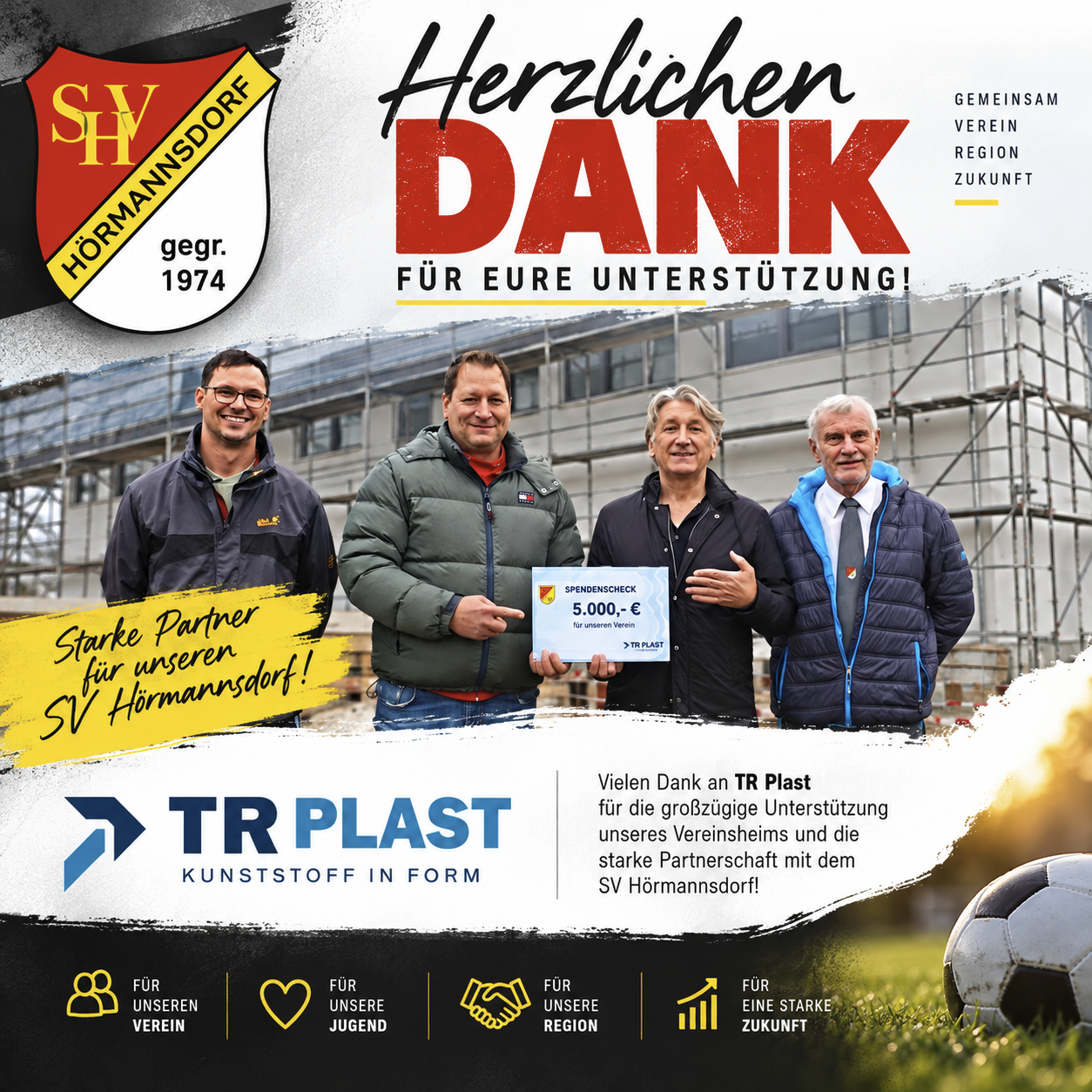 Dankesgrafik des SV Hörmannsdorf zur Unterstützung über 5.000 Euro durch TR Plast